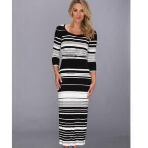 Calvin Klein Black White Striped Maxi Dress 3/4 Sleeve Bodycon Stretch Size S